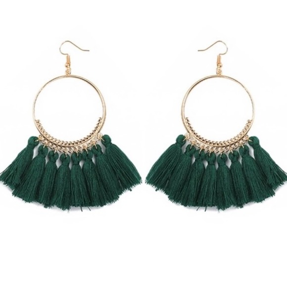 Boho Emerald Green Hoop Tassel Earrings - Picture 2 of 4
